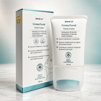 SeruLift crema facial y su caja sobre mármol, presentación completa