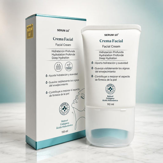 SeruLift crema facial y su caja sobre mármol, presentación completa